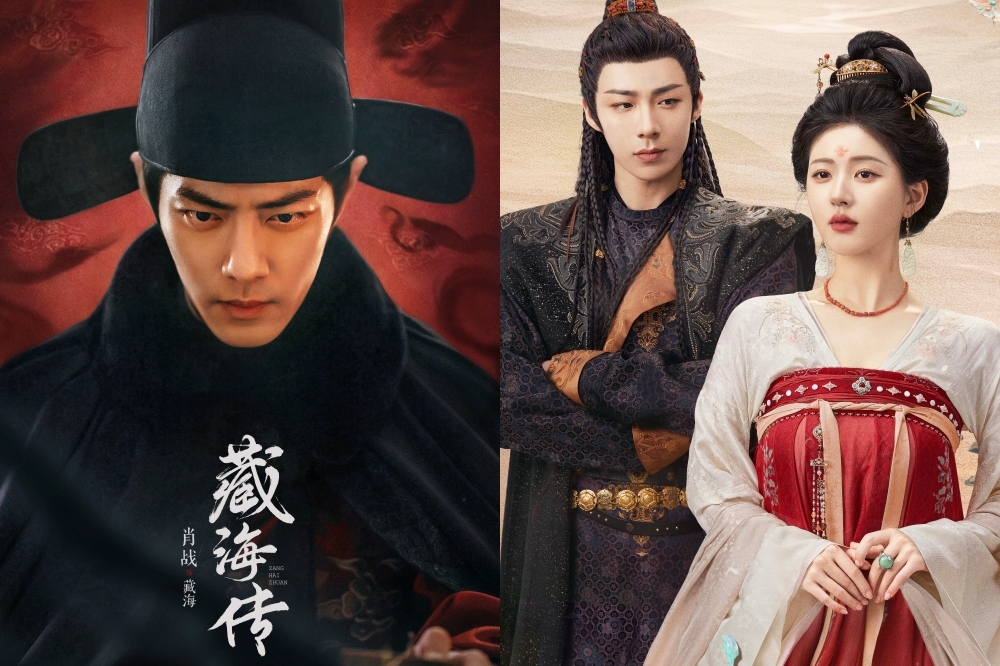 陸劇男神肖戰憑《陳情令》、《慶餘年》等劇爆紅，他與《惜花芷》張婧儀合演的新劇《藏海傳》日前釋出首張海報（左圖），肖戰內斂又鋒利的眼神超吸睛，討論熱度碾壓趙露思、劉宇寧新劇《珠簾玉幕》的預告（右圖）。（翻攝自微博）