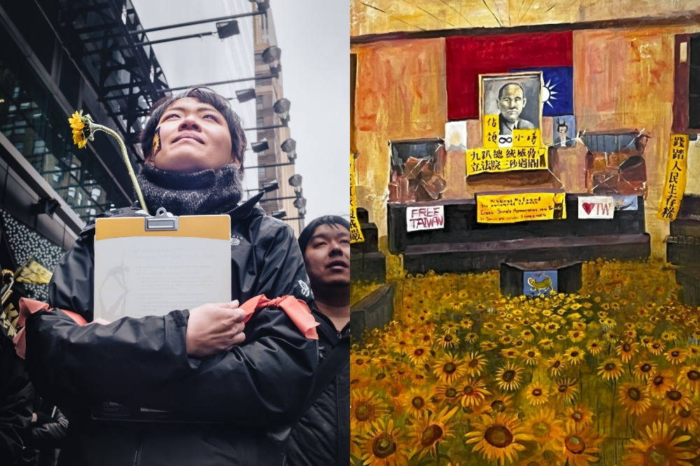 攝影家洪延平參展作品「紐約的太陽花集會」、藝術家劉宗榮畫作「照亮黑暗」。（取自文化部官網）