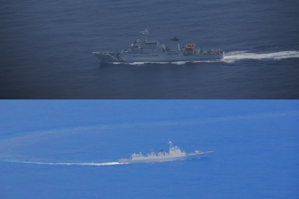 中國在台海周邊舉行軍演，國防部公布台灣海巡艦（上）警戒任務影片，偵獲解放軍旅洋3型飛彈驅逐艦（下）等軍艦。（合成畫面／國防部提供）