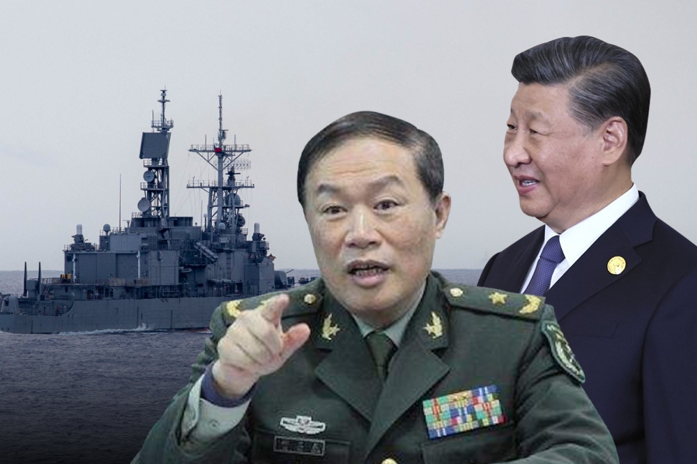 中共中央軍委副主席何衛東對台發動大規模軍演，打亂習近平塑造的「和平大國」外交形象。（合成畫面／取自國防部、美聯社、微博）