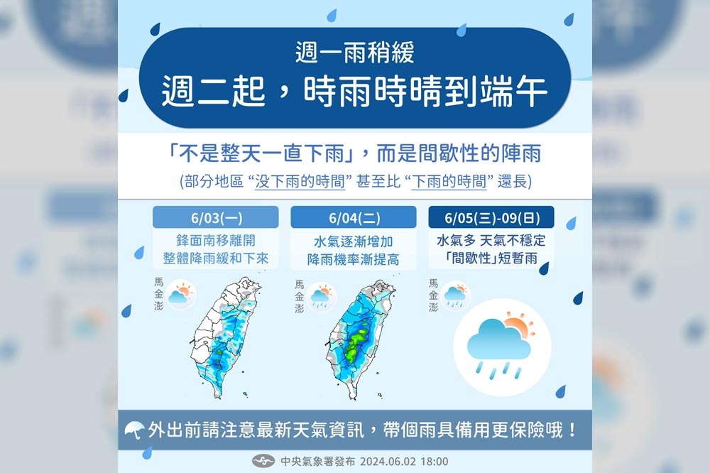 中央氣象署表示，明天雨勢漸趨緩，周二起水氣逐漸增加。（中央氣象署提供）