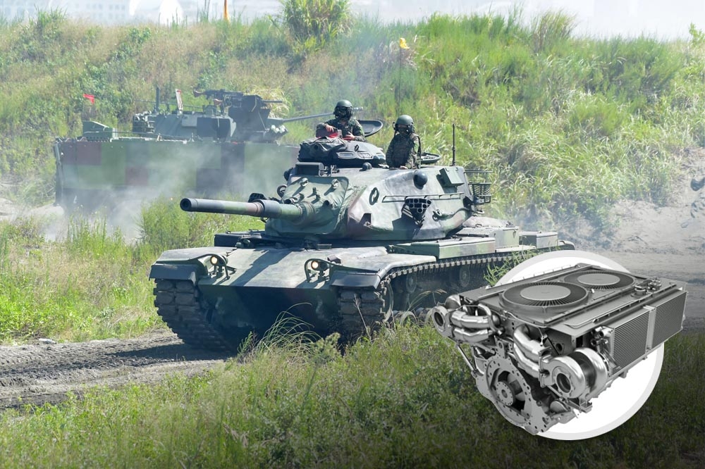 為提升國軍M60A3戰車戰力與妥善率，陸軍將更新460具新款AVDS-1790-2CAU引擎。小圖為新設計的AVDS-1790-2CA（U）引擎。（合成畫面／張哲偉攝、取自RENK America官網）