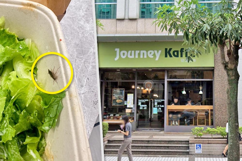 覺旅咖啡（右圖）遭網友爆料沙拉有蟑螂（左圖），北市衛生局將前往稽查。（合成照片／Threads @miaobecky提供、擷取自Google Maps）
