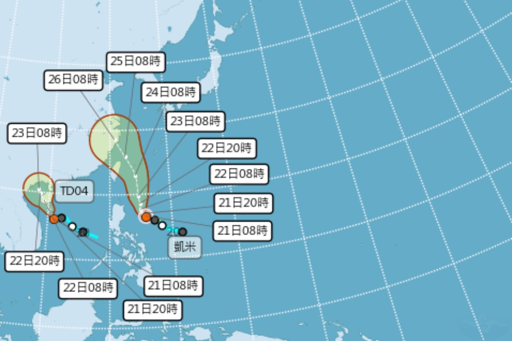 年第3號颱風「凱米」在昨天（20日）下午2點生成，目前為輕颱，在菲律賓東方海面。（取自中央氣象署）