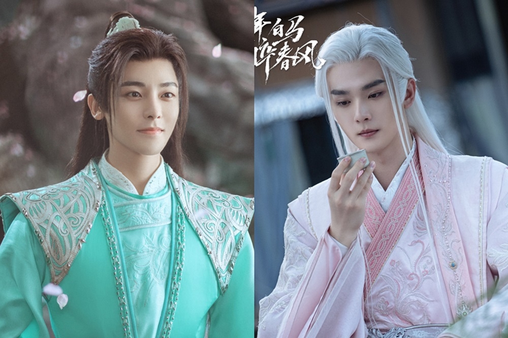 侯明昊（左）主演的古裝新劇《少年白馬醉春風》爆紅，人氣不輸《少年白馬醉春風》前作《少年歌行》，其中台灣演員邱心志與演出《蒼蘭訣》走紅張宸逍（右），同演天下第一高手「李長生」，最讓觀眾驚喜。（取自少年白馬醉春風微博）