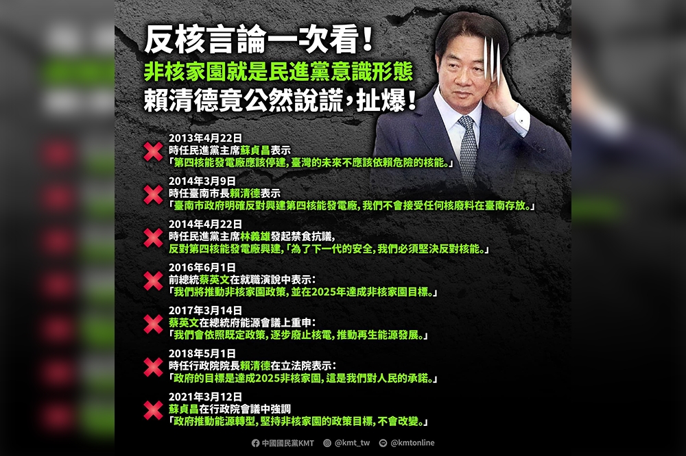 國民黨整理出民進黨歷年來的反核言論，認為「非核家園就是民進黨意識形態」。（國民黨提供）