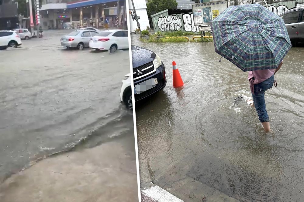 不少民眾直擊高雄、台南多處已因大雨淹水。（合成照片／擷取自台南大小事臉書社團）