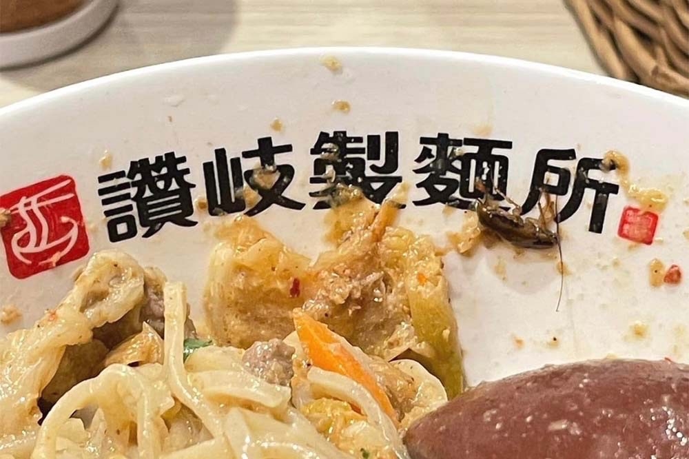 一名網友昨晚到板橋車站「讚岐製麵所」用餐，卻在碗裡吃到免費高蛋白蟑螂。（取自爆廢公社臉書）