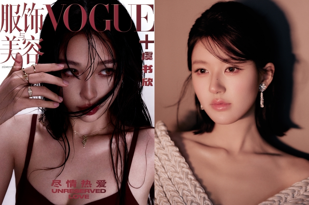 趙露思、虞書欣被視為陸劇95花勁敵，日前虞書欣搶先登上中國《VOGUE+》（左圖）雜誌封面，卻抓包其實是隨刊附贈的別冊。而趙露思（右）將登上中國五大刊之一《時尚COSMO》封面，人氣更勝一籌。（翻攝自VOGUE+、趙露思工作室微博）