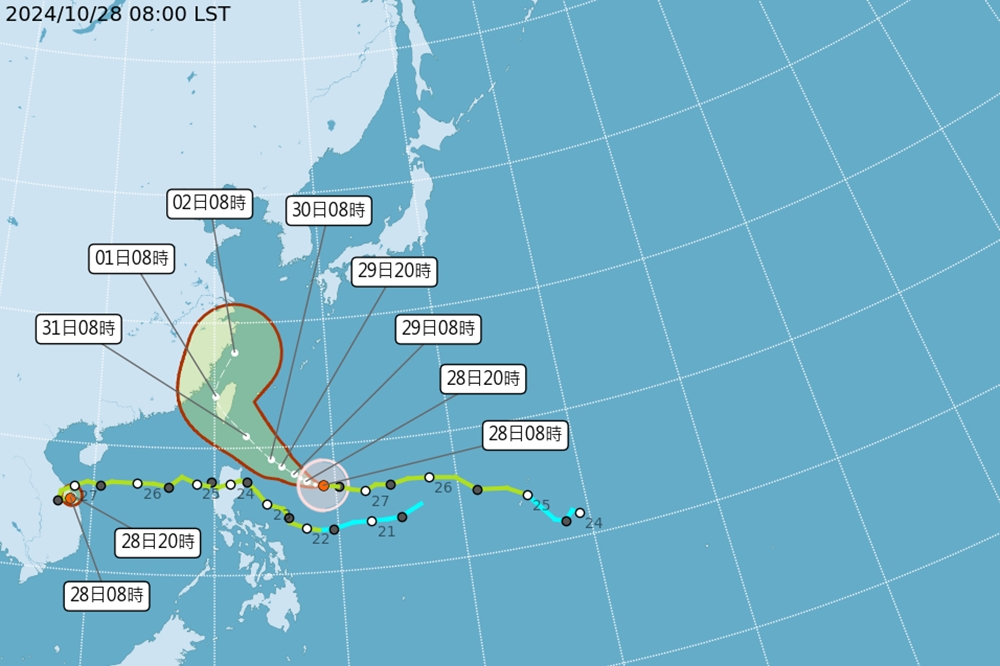 康芮侵台的機率大增，可能會成為「11月颱」。（中央氣象署提供）