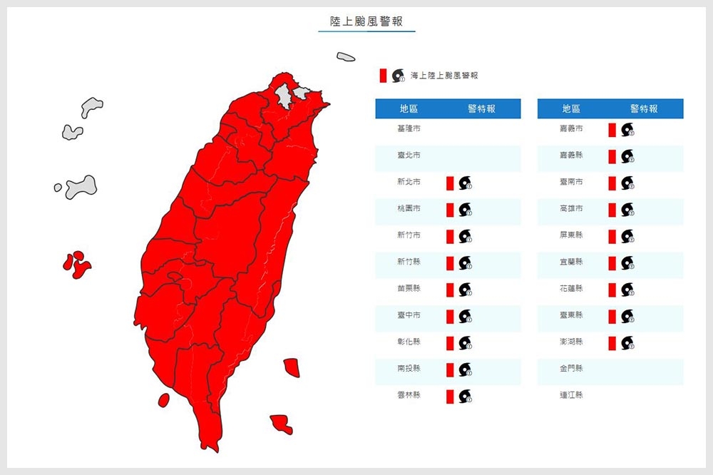 強颱康芮速度加快，台灣本島除台北及基隆未列入警戒區域，包括澎湖等18縣市，列入陸警範圍。（氣象署提供）