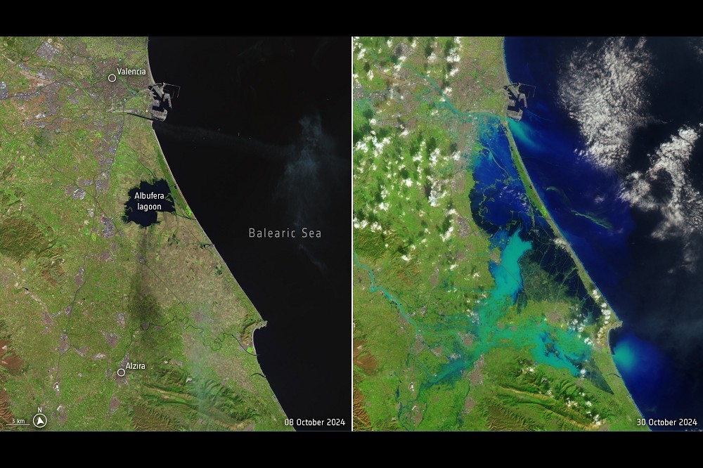 瓦倫西亞南部的空照圖，與10月8日（左）相比，30日的空照圖（右）顯示大片土地宛如與海連成一氣。（取自歐洲太空總署官網）
