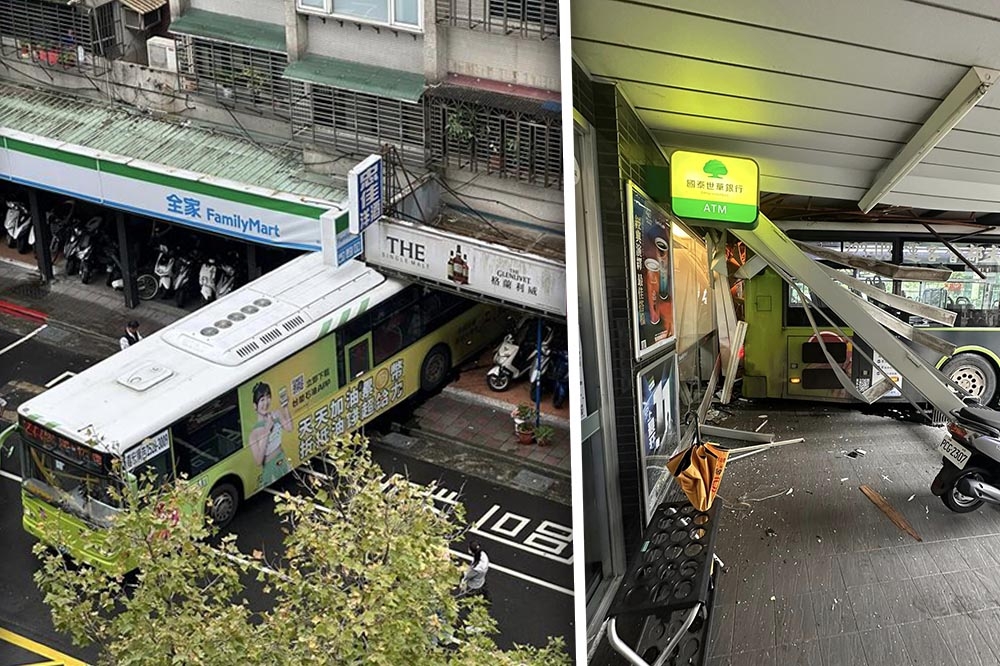 民眾拍下公車倒車「插」進騎樓，直呼太離奇。（合成照片／取自信義區二三是臉書社團）