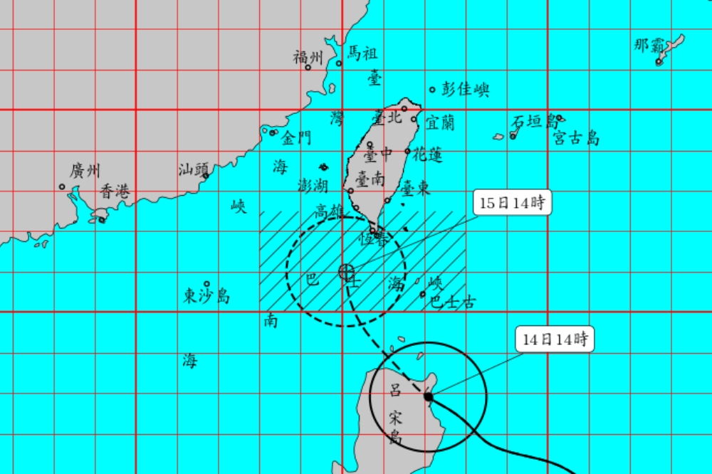 氣象署今天（14日）發布中颱「天兔」的陸警，預計明天（15日）登陸恆春半島。（中央氣象署提供）
