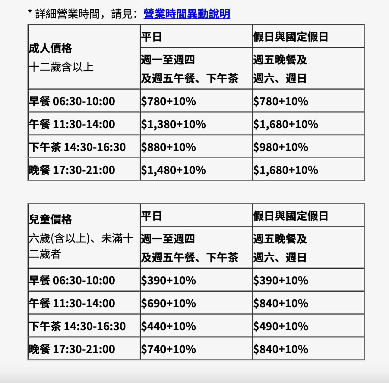 台北六福萬怡酒店「敘日」各餐期價目表