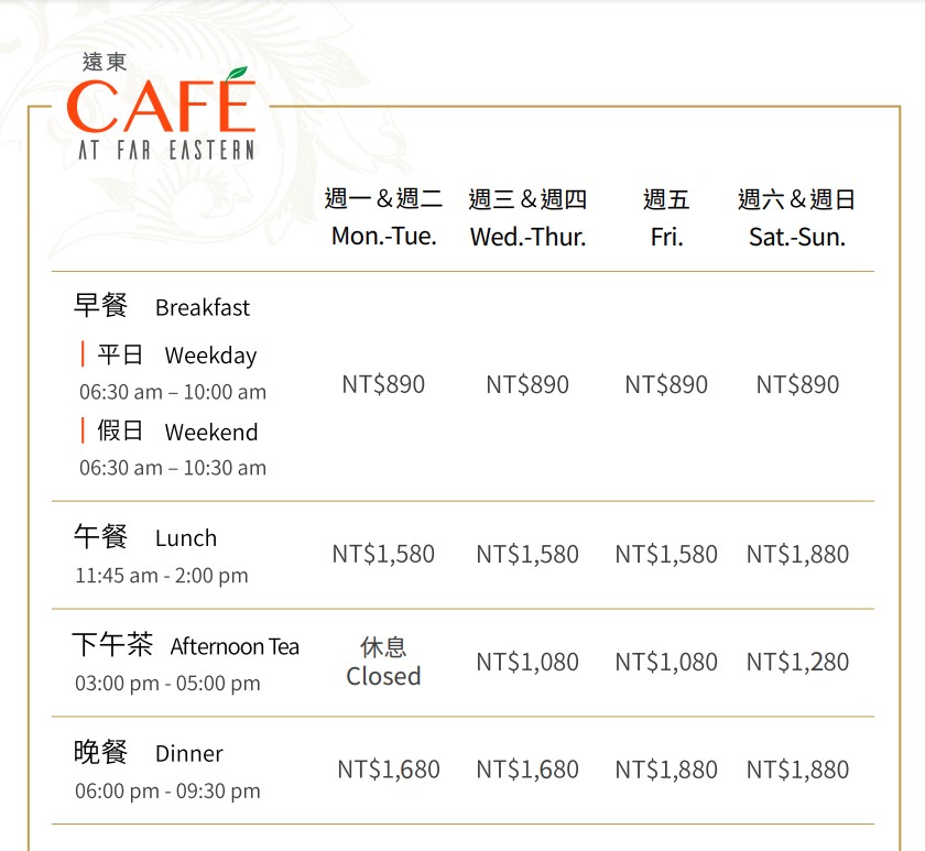 台北遠東香格里拉「遠東 Café 」各餐期價目表